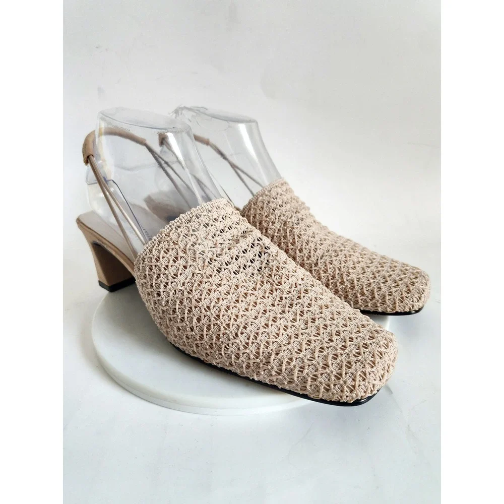 Vintage Crochet Slingback Heels 8.5 Square Toe Beige Neutral Woven Block Heel